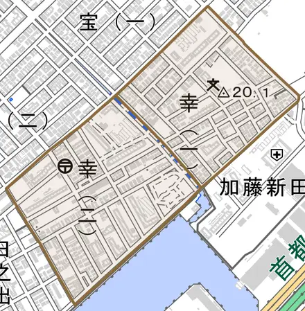 幸とその周辺の地図。町の範囲を重ねている