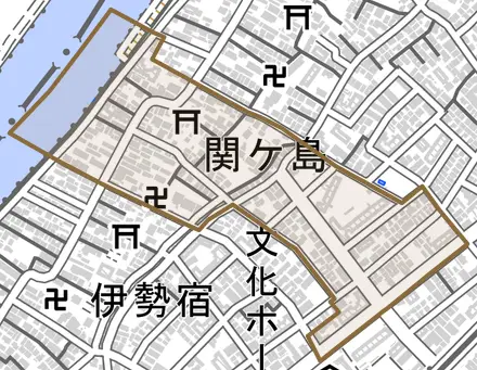 関ケ島とその周辺の地図。町の範囲を重ねている