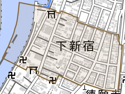 下新宿とその周辺の地図。町の範囲を重ねている
