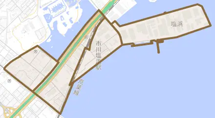 塩浜とその周辺の地図。町の範囲を重ねている