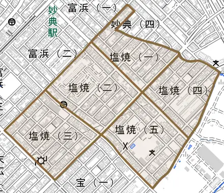 塩焼とその周辺の地図。町の範囲を重ねている