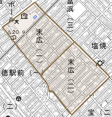 末広とその周辺の地図。町の範囲を重ねている
