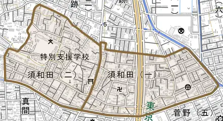 須和田とその周辺の地図。町の範囲を重ねている