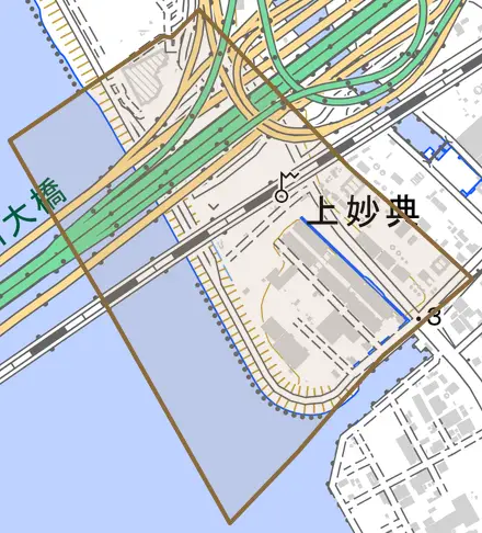 上妙典とその周辺の地図。町の範囲を重ねている