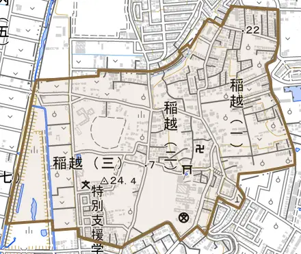 稲越町とその周辺の地図。町の範囲を重ねている