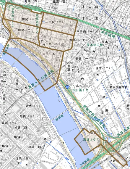 田尻とその周辺の地図。町の範囲を重ねている