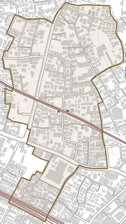 高石神とその周辺の地図。町の範囲を重ねている