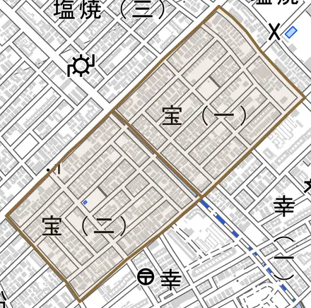 宝とその周辺の地図。町の範囲を重ねている