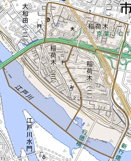 稲荷木とその周辺の地図。町の範囲を重ねている