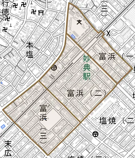 富浜とその周辺の地図。町の範囲を重ねている