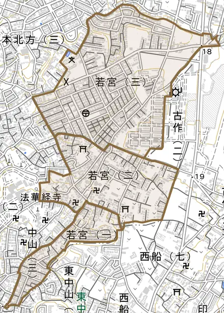 若宮とその周辺の地図。町の範囲を重ねている