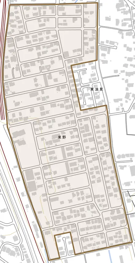 東野とその周辺の地図。町の範囲を重ねている