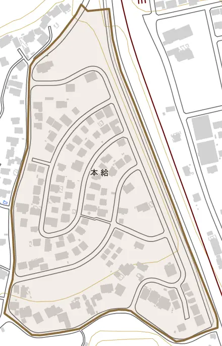 本給とその周辺の地図。町の範囲を重ねている