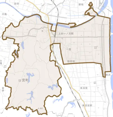 一宮とその周辺の地図。町の範囲を重ねている