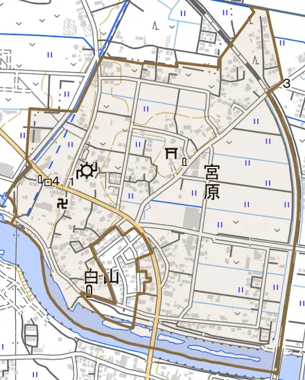 宮原とその周辺の地図。町の範囲を重ねている