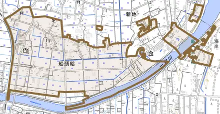 船頭給とその周辺の地図。町の範囲を重ねている