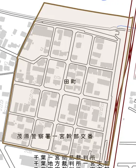 田町とその周辺の地図。町の範囲を重ねている