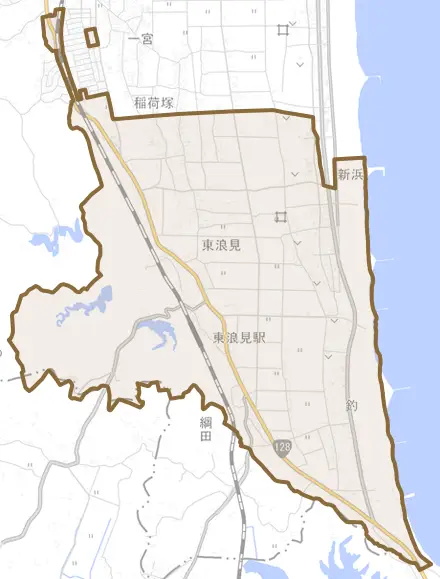 東浪見とその周辺の地図。町の範囲を重ねている