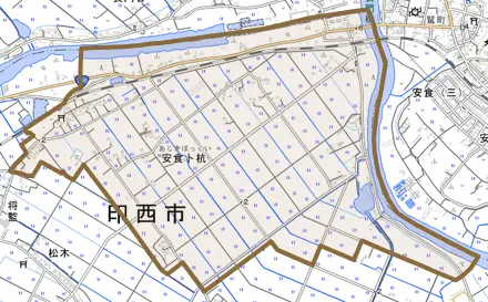 安食卜杭とその周辺の地図。町の範囲を重ねている
