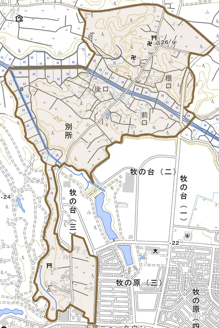 別所とその周辺の地図。町の範囲を重ねている