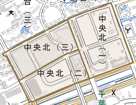 中央北とその周辺の地図。町の範囲を重ねている
