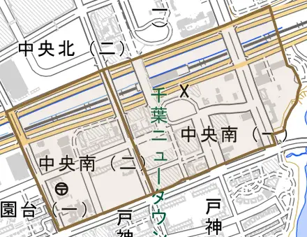 中央南とその周辺の地図。町の範囲を重ねている