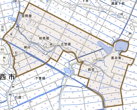萩埜とその周辺の地図。町の範囲を重ねている