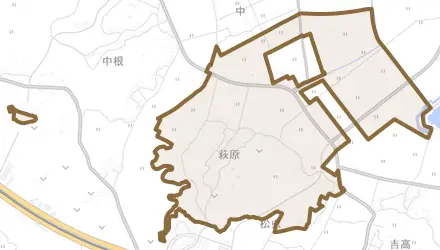 萩原とその周辺の地図。町の範囲を重ねている