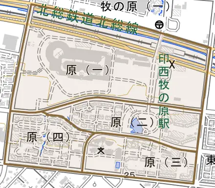 原とその周辺の地図。町の範囲を重ねている