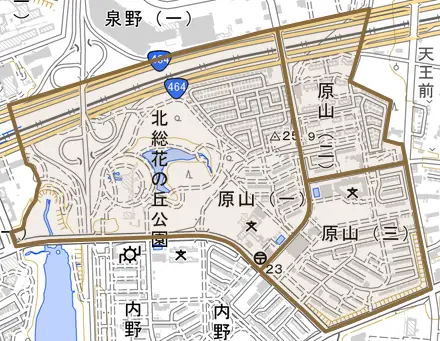 原山とその周辺の地図。町の範囲を重ねている
