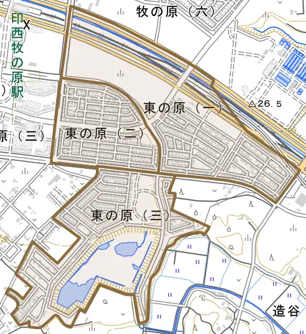 東の原とその周辺の地図。町の範囲を重ねている