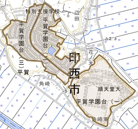 平賀学園台とその周辺の地図。町の範囲を重ねている