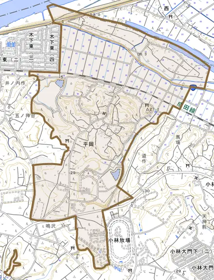 平岡とその周辺の地図。町の範囲を重ねている