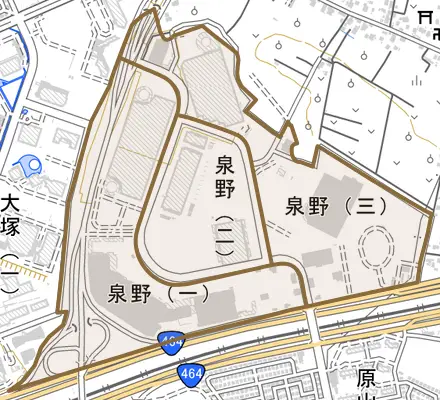 泉野とその周辺の地図。町の範囲を重ねている