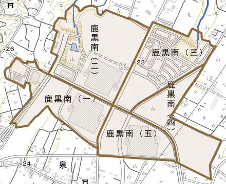 鹿黒南とその周辺の地図。町の範囲を重ねている