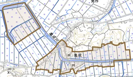 亀成とその周辺の地図。町の範囲を重ねている