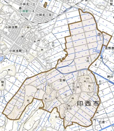 笠神とその周辺の地図。町の範囲を重ねている
