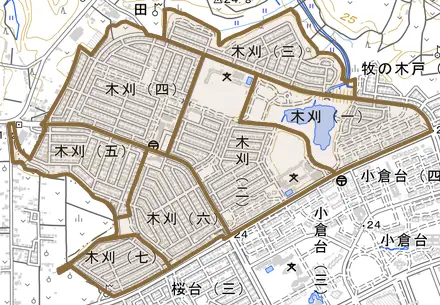 木刈とその周辺の地図。町の範囲を重ねている