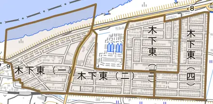 木下東とその周辺の地図。町の範囲を重ねている