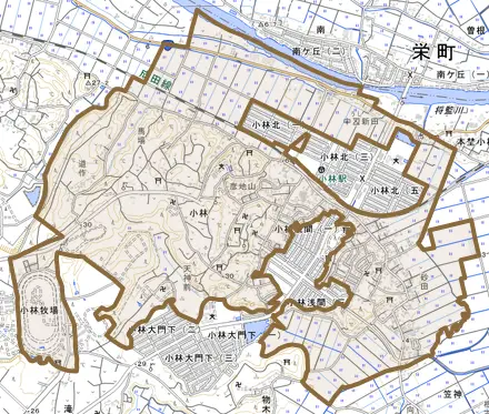 小林とその周辺の地図。町の範囲を重ねている