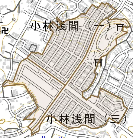 小林浅間とその周辺の地図。町の範囲を重ねている