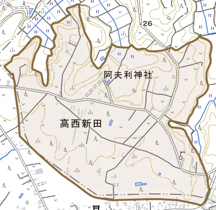 高西新田とその周辺の地図。町の範囲を重ねている