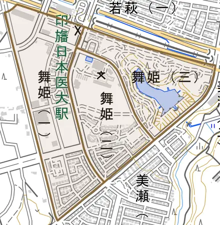 舞姫とその周辺の地図。町の範囲を重ねている