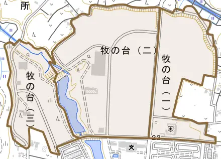 牧の台とその周辺の地図。町の範囲を重ねている