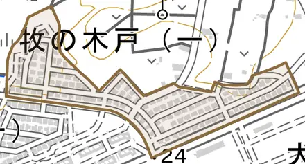 牧の木戸とその周辺の地図。町の範囲を重ねている