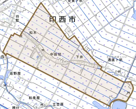 松木とその周辺の地図。町の範囲を重ねている