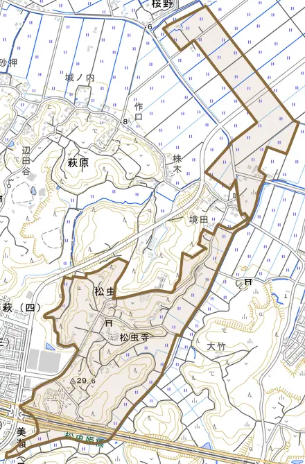 松虫とその周辺の地図。町の範囲を重ねている