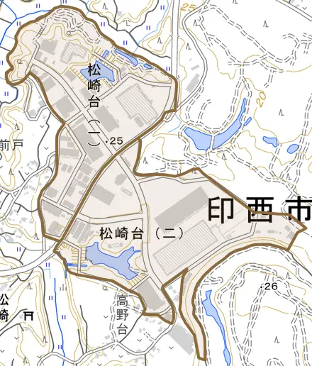 松崎台とその周辺の地図。町の範囲を重ねている