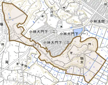 物木とその周辺の地図。町の範囲を重ねている