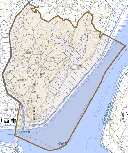 師戸とその周辺の地図。町の範囲を重ねている